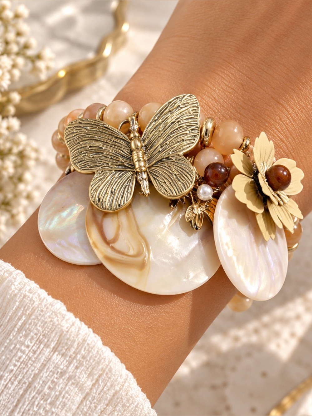 Gold Butterfly & Cream Shell Charm Stretch Bracelet